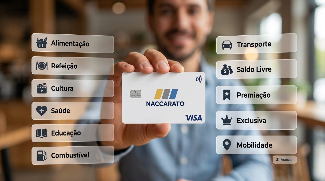 Cliente segurando o cartão multibenefícios Naccarato Visa, com categorias de uso: alimentação, refeição, cultura, saúde, educação, combustível, transporte, saldo livre, premiação e mobilidade